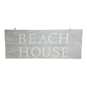 BEACH HOUSE Wooden Wall Plaque Blue Whited Washed